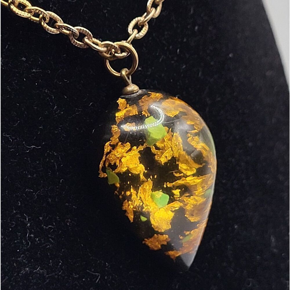 12K Gold Filled Chain Gold Flake Teardrop Resin Pendant 24in